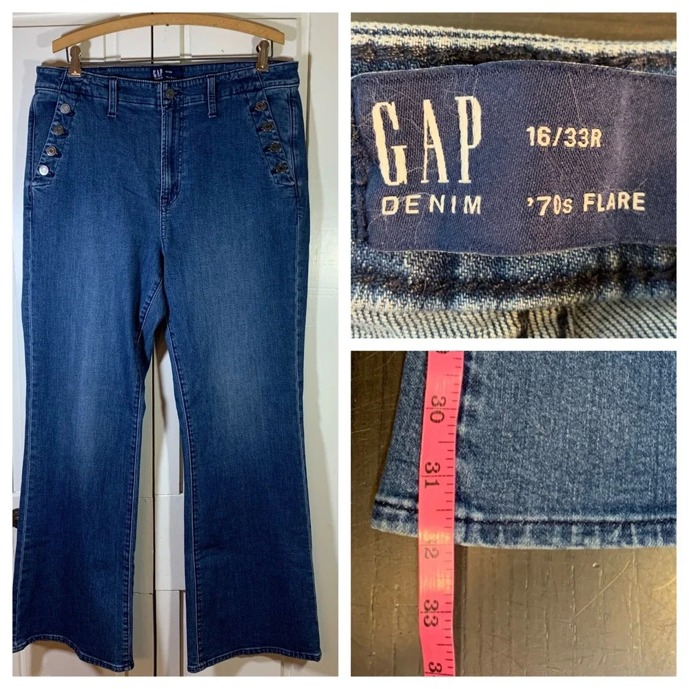 GAP Denim 70s Flare Jeans Womens Size 16/33R Blue High Rise Retro Stylish Trendy